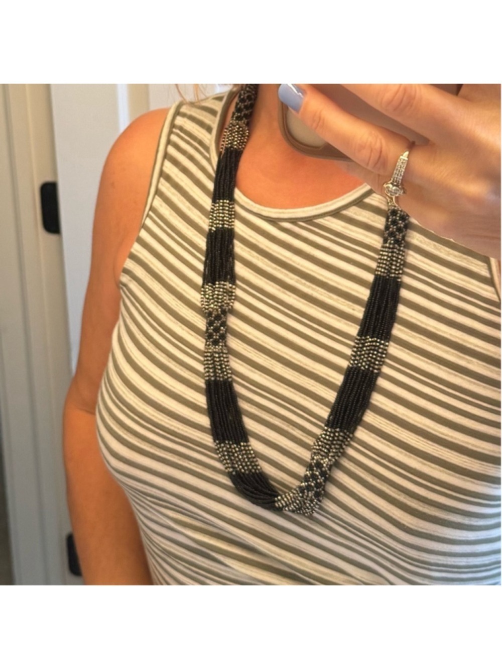 Glass seed beads Black and White Beaded Necklace 32” length 16 strands. - Picture 9 of 9
